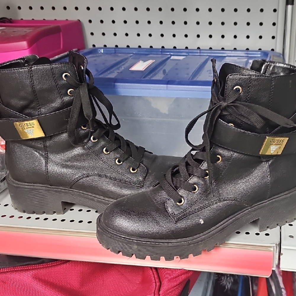 Guess Black Lace-Up Boots with Gold Accent